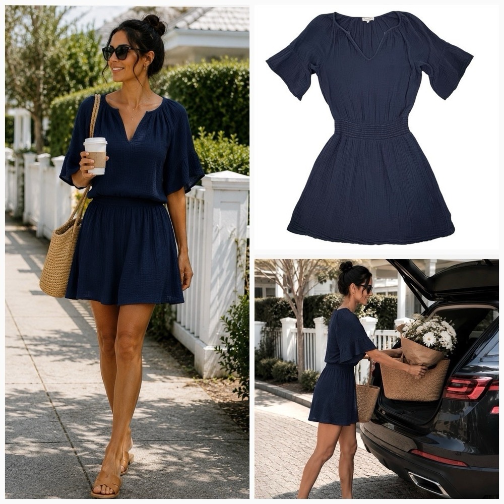 Michael Stars Katelyn Cotton Gauze Smocked Waist Peasant Mini Dress Women S Blue